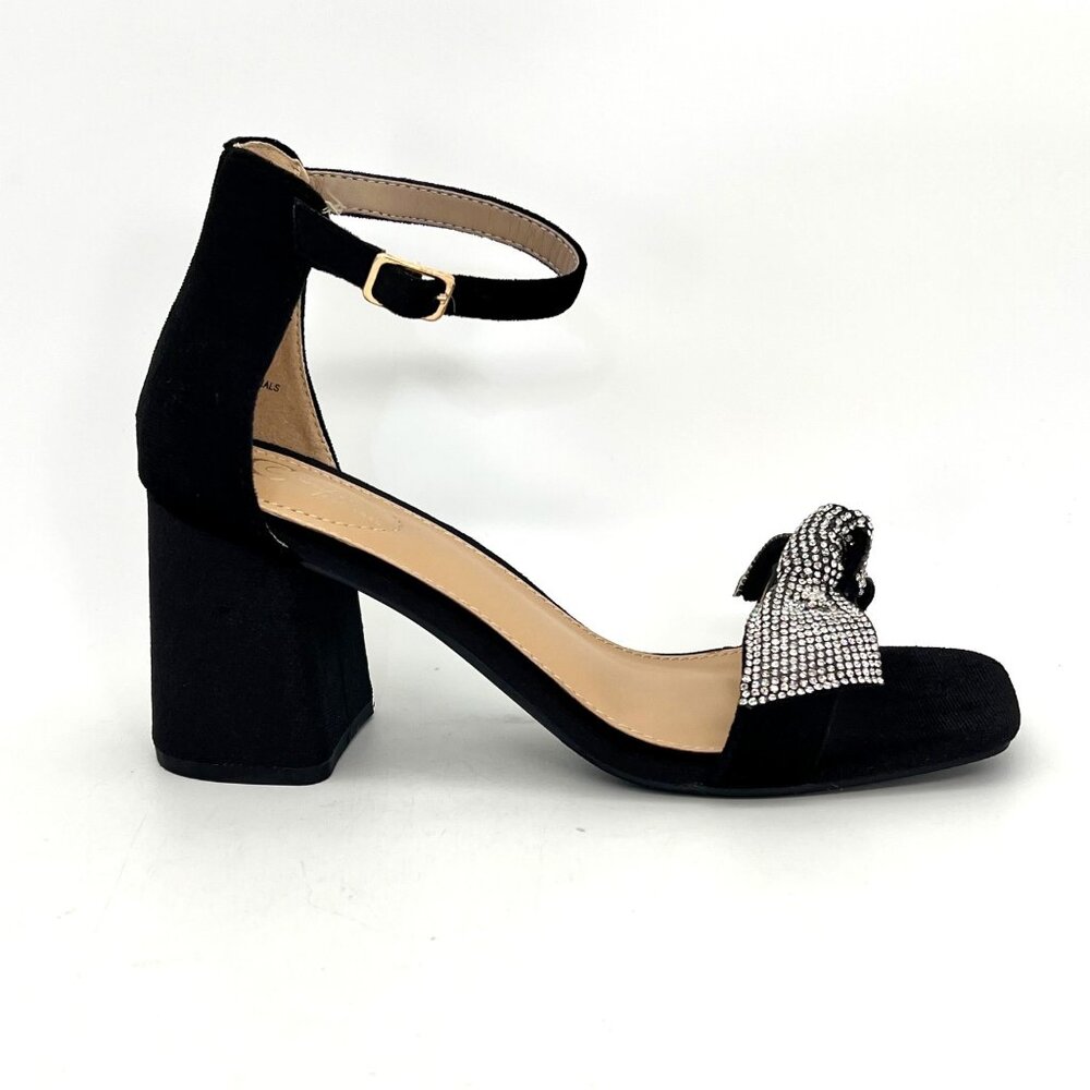 Comfort Black Velvet Ankle Strap Block Heels Womens Shoes Size 8 Rhinestone Bow - Picture 9 of 16